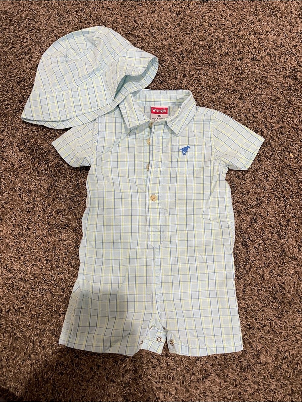 Wrangler Pale Green & Blue Plaid Baby Button Romper with Matching Hat